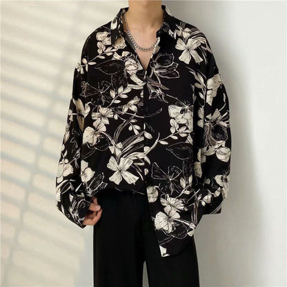 maoxiangshop Men's Clothing Turn-down Collar Handsome Long Sleeve Button Spring Summer Thin Man Printing Loose Streetwear Casual Korean