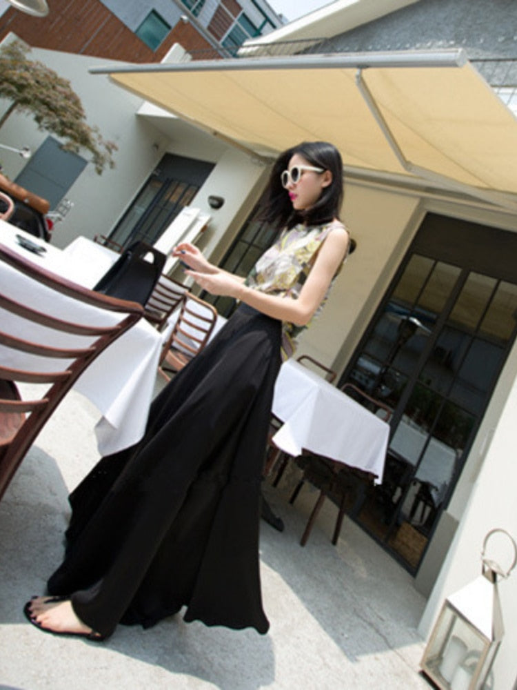 Summer New Slim Wide-leg Pants Women's High-waisted Long Pants Satin Chiffon Sling Pants Holiday Wide-leg Pants Culottes