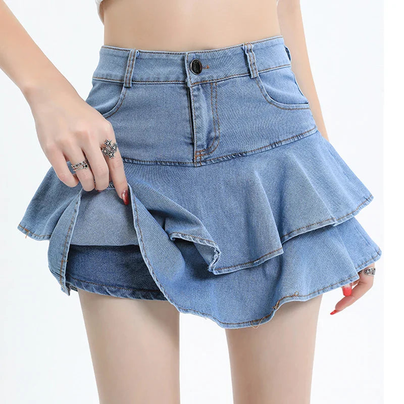 Women Ruffles Denim Skirts Summer Korean Fashion High Waist Mini Skirts Y2K Causal All Match Female Blue Jeans Skirts