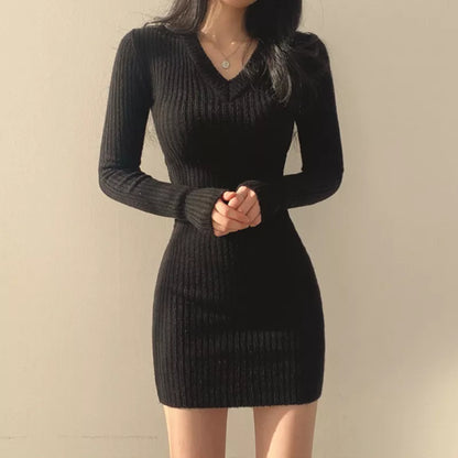 Combhasaki Women Retro Knitted Mini Bodycon Solid Color V-Neck Long Sleeve Wrapped Hip Dress Autumn Winter Slim Sweater Vestido