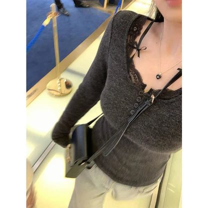 maoxiangshop  -  Y2K Cropped T Shirts Women Streetwear Sexy Lace Patchwork Crop Tops Fall Winter Korean Fashion Grey Long Sleeve Slim Tees New