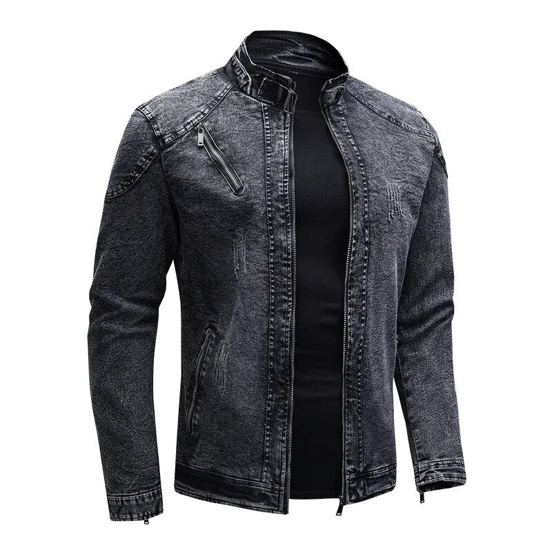 maoxiangshop New Motorcycle Denim Jacket Men Retro Zippers Stand Collar Denim Coats Mens Cotton Slim Fit Denim Jacket Moto Biker Outerwear