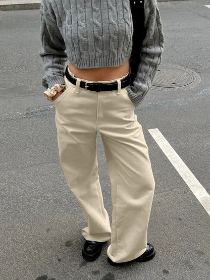 maoxiangshop  -  Khaki Classic Wide Leg Pant Women High Waist Pocket Loose Simple Trouser 2024 Autumn Winter Streetwear Fashion Casual Pants New