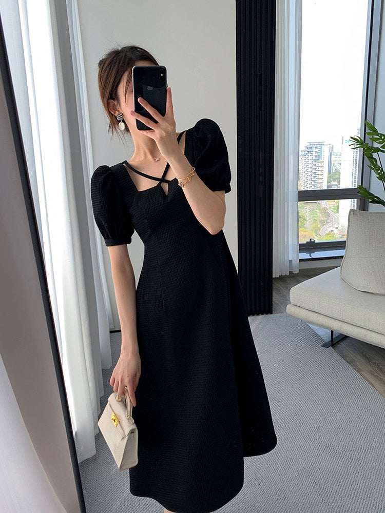 maoxiangshop Summer Women Fashion Elegant Casual Solid Puff Sleeve Midi Dresses Evening Office Lady Female A Line Clothes Vestdios Black