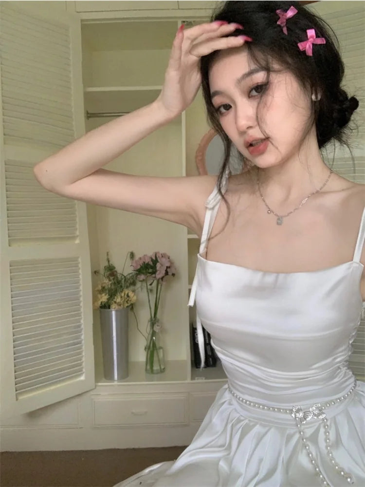 Korean Style One Piece White Satin Dress Women Y2k Fairycore Prom Gown Tunic Pleated Slip Mini Princess Dresses Summer