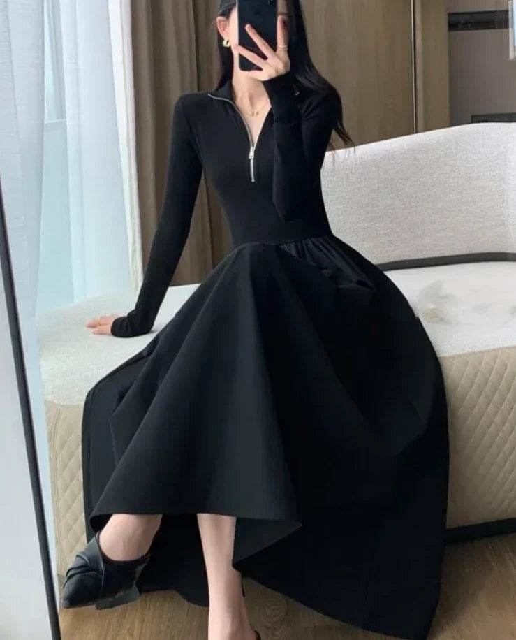Elegant Vintage Long Sleeve Knitted Midi Dresses Women Korean Casual Slim Fit A-Line Black Birthday Party Robe Autumn Clothing