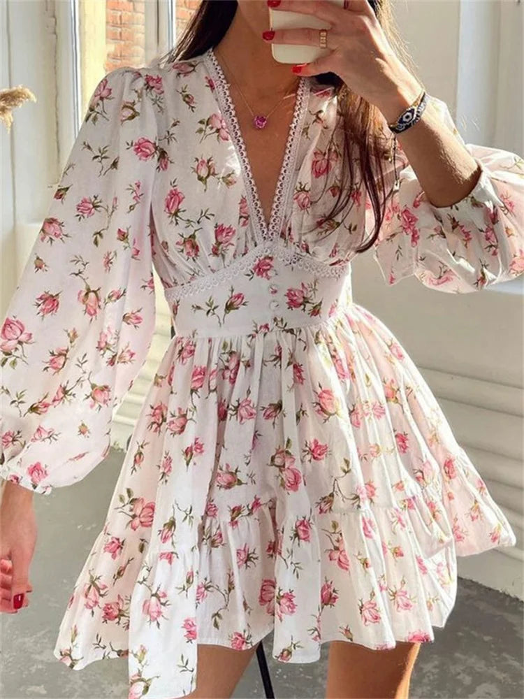 Elegant Women Floral Print Short Mini Dress Long Lantern Sleeve Deep V Neck High Waist A-Line Dresses Female Vestidos