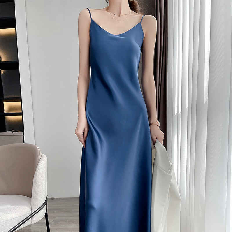 maoxiangshop Tri-Acetate Satin Silky V-Neck Temperament Female Summer Beautiful Silk Suspender Dress New Long Skirt Is Thin