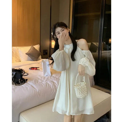 Sweet Elegant Dress Women Halter Off Shoulder Lantern Long Sleeve A Line Mini Dresses Korean Bandage Loose Chic Vestidos