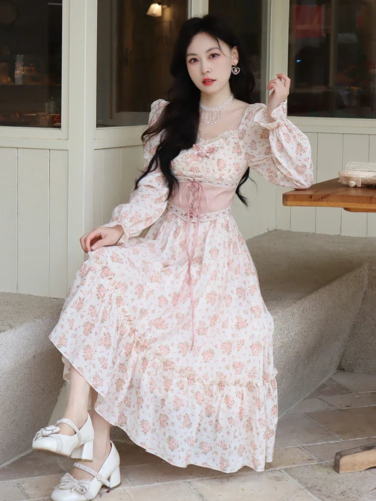 Spring Pink Floral Elegant Dress Women Bandage Lace Print Sweet Vintage Dress Puff Sleeve Kawaii Dress Women Princess Fairy