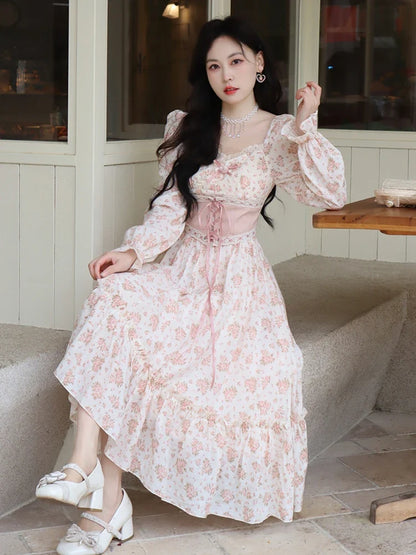 Spring Pink Floral Elegant Dress Women Bandage Lace Print Sweet Vintage Dress Puff Sleeve Kawaii Dress Women Princess Fairy