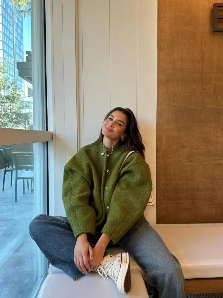 maoxiangshop -  Solid Bombers Jackets Coat For Women Loose Long Sleeve With Button Outwear Tops Autumn Fashion Casual Female Pocket Jacket