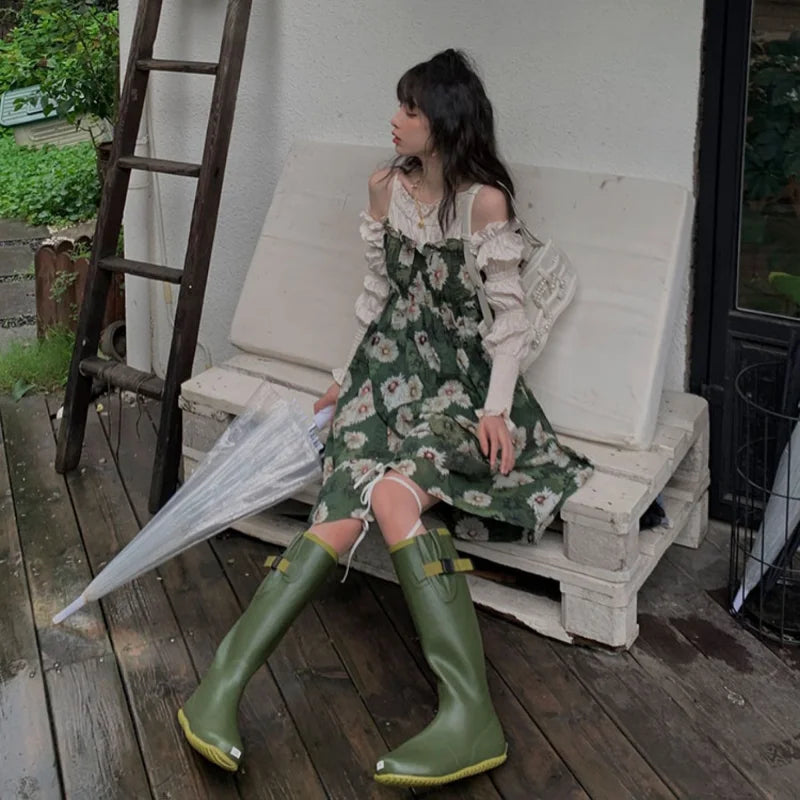 Y2k Vintage Green Floral Dress Women French Elegant Off Shoulder One Piece Long Puff Sleeve Midi Slip Summer Dresses