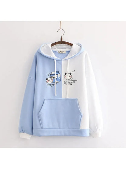maoxiangshop fleece plus velvet women hoodies and sweatshirt cartoon cat print patchwork cute hooded pullover for sweet style  Tracksuits