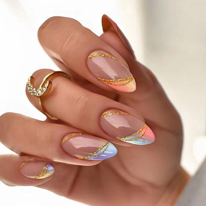 24Pcs Pink Almond False Nails Shiny Golden Ripples Stiletto Fake Nails Detachable Oval Full Cover Press on Nails Tips Manicure