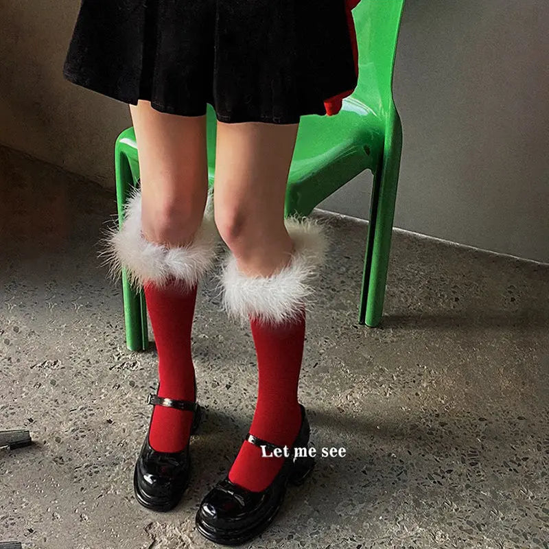 maoxiangshop  -  Winter Christmas New Year Red Socks Feather Lace Warm Long Socks for Women Japanese JK Girl Sweet Lolita Slim Sexy Stockings