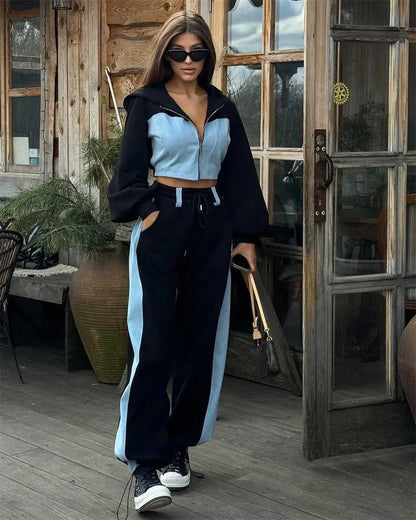 maoxiangshop  -  Women Casual Contrast Hoodies Pants Sets Slim Zipper Short Hooded Coats Lace Up Wide Leg Pant 2024 Autumn Lady Fashion Tracksuit