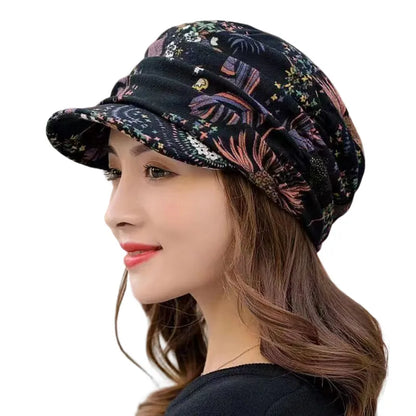 maoxiangshop Women Hat Short Brim Warm Foldable Earflap Women Cap Ethnic Style Floral Print Autumn Winter Hat Daily Clothing Turban Visor