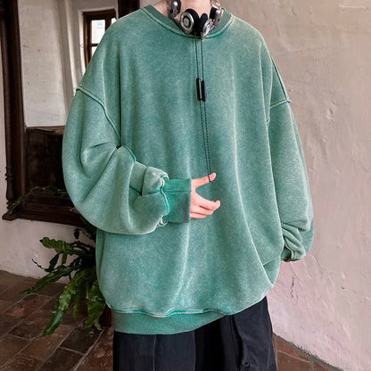 maoxiangshop American Washed Old Pullovers Sweatshirts Men Loose Solid Color Autumn Large Size Warm O Neck Tops Hip Hop Y2k Sweatshirt