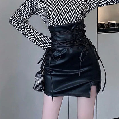 maoxiangshop Black Leather Mini Skirts Women Gothic High Waist Slim Fit Lace-Up Pencil Skirt Female Sexy Club Back Zipper Split Bag Hip Skirt