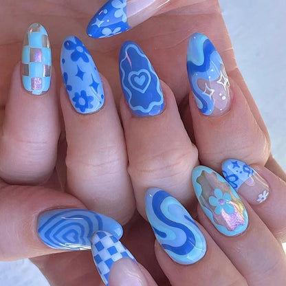 maoxiangshop 24Pcs Blue Flower False Nails Almond Cute Heart with French Design Detachable Fake Nails Artificial Press on Nails Tips Art