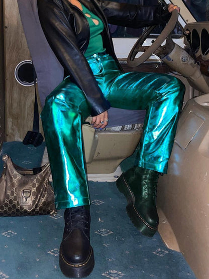 Y2K Shiny Metallic PU Leather Pants for Women Autumn Winter Green High Waist Straight Leg Pants Casual High Street Clubwear