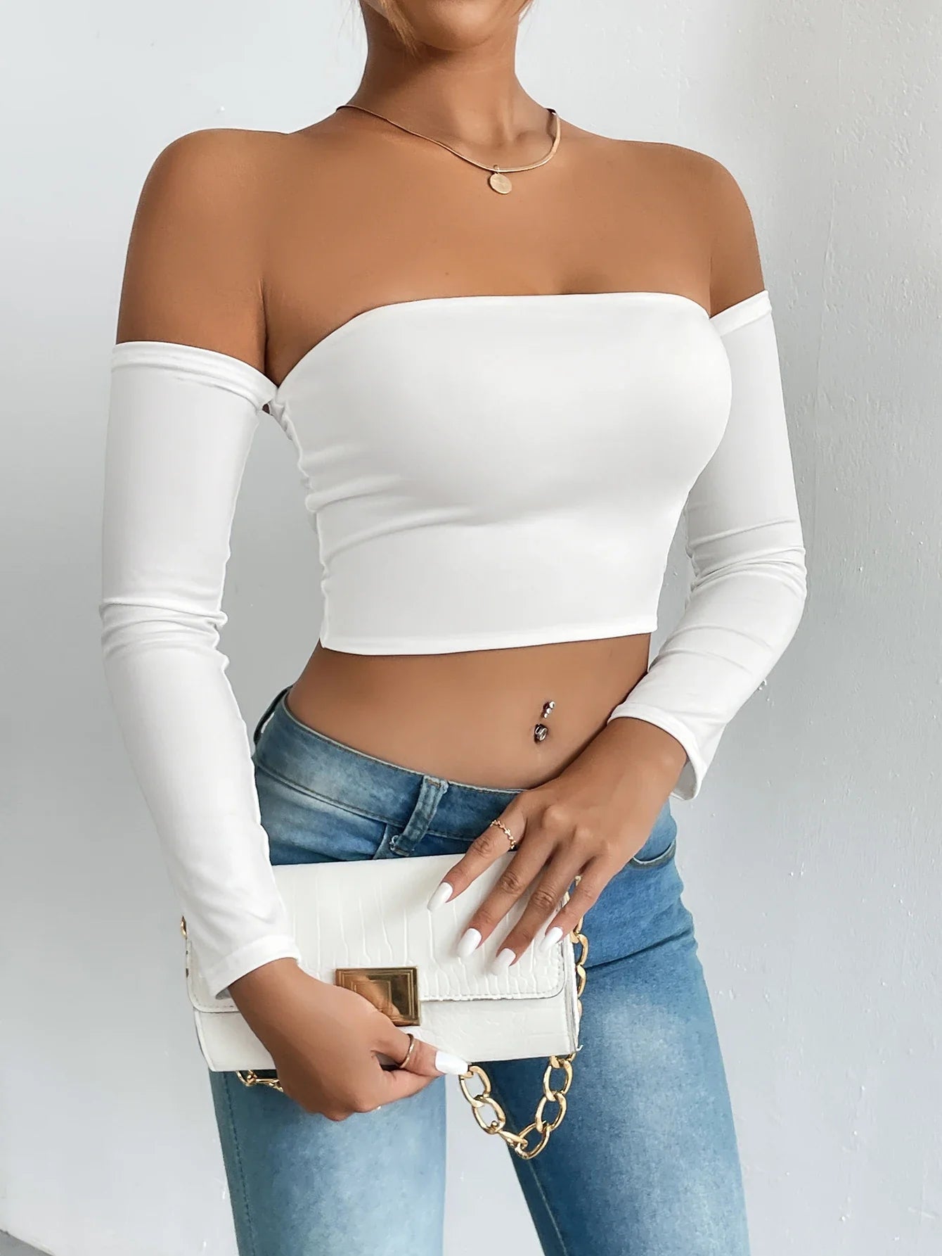 maoxiangshop Off Shoulder Crop T-Shirt, Casual Long Sleeve Top For Spring & Fall, Women's Clothing