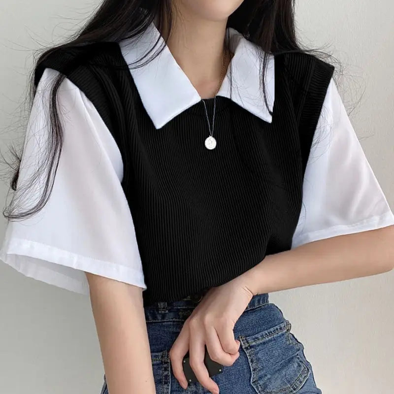 maoxiangshop Korean Spring Summer Casual Polo T-Shirt Female Pullover Women's Loose Tees Top Fake Two Piece Suit Student Preppy Style