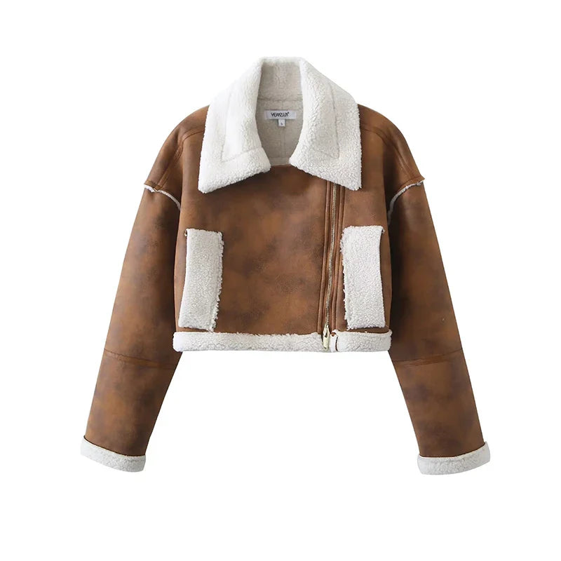 maoxiangshop  -  Winter Women Thick Warm Suede Lamb Jacket Short Motorcycle Brown Coats Faux Shearling Sheepskin Leather Jackets Outwear