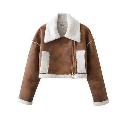 maoxiangshop  -  Winter Women Thick Warm Suede Lamb Jacket Short Motorcycle Brown Coats Faux Shearling Sheepskin Leather Jackets Outwear