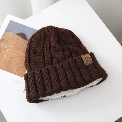 maoxiangshop New Unisex Winter Hats Add Fur Lined Men And Women Warm Beanie Cap Casual Maple Leaf Label Decor Winter Knitted Hats