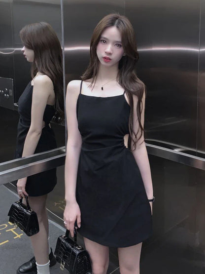 maoxiangshop Dresses Women Hotsweet Spaghetti Strap Fashion Hollow Out Chic Summer Casual Streetwear Mini Korean Style Female Black Ulzzang