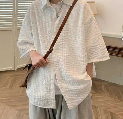 maoxiangshop Handsome Well Fitting Tops New Men's Loose Pleated Design Shirts Casual Streetwear Male Short Sleeved Blouse S-5XL 2024