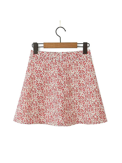 maoxiangshop  -   Cute Flower Print Ladies Summer A-Line Black Mini Skirts 2024 Girls Casual Zipper Fly Pink Short Skirt