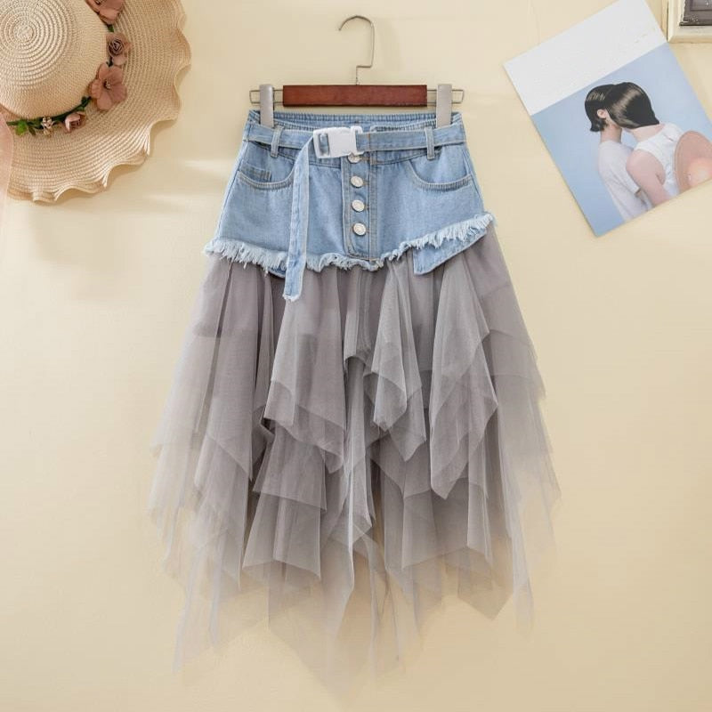 maoxiangshop Summer Denim Jeans Skirt Women Y2K Irregular High Waisted Tulle Skirts Mesh Patchwork Pockets Pleated Mid-Calf Tutu High Street