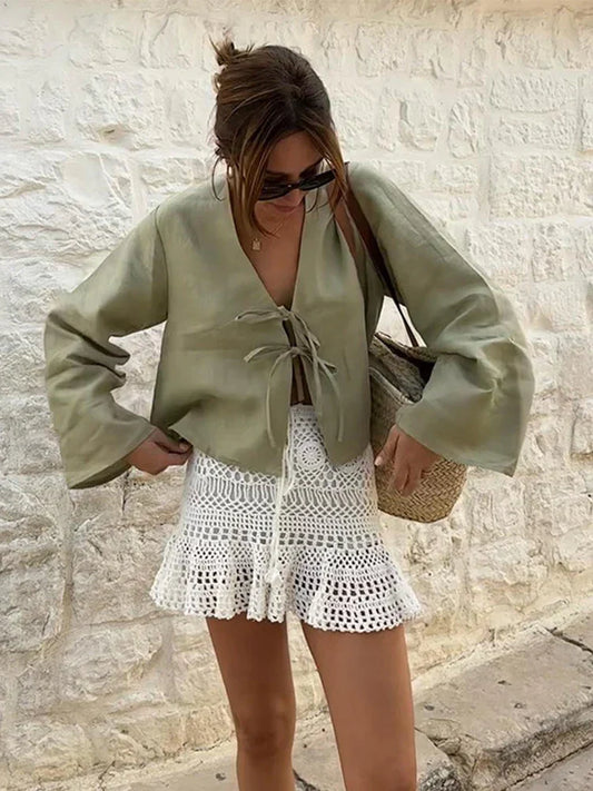 maoxiangshopCotton Linen Lace Up Bow Shirts Women Loose Hollow Out V Neck Long Sleeve Tops Female 2024 Spring New Lady Streetwear Top