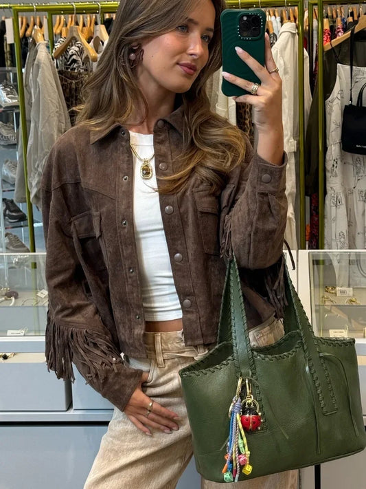 maoxiangshop  -  Fashion Brown Tassel Women's Jacket Casual Single Breasted Long Sleeved Flip Pockets Outerwear Chic Autumn High Street Coats