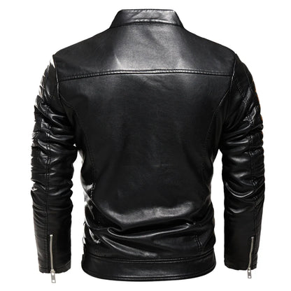 maoxiangshop Winter Black Leather Jacket Men Fur Lined Warm Motorcycle Jacket Slim Street Fashion BLack Biker Coat Pleated Design Zipper