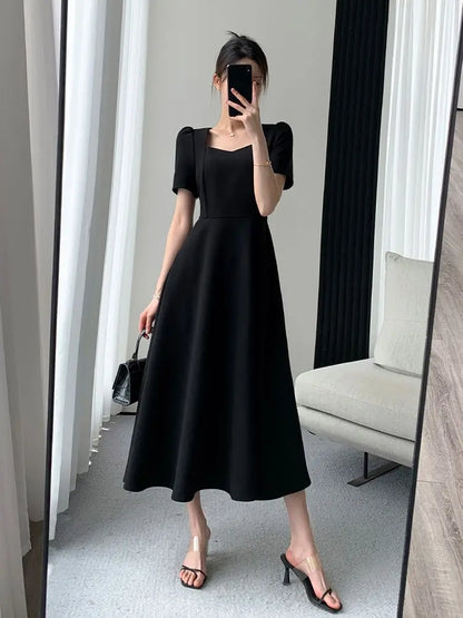 Women  Summer New Elegant Midi Black Dress Solid A Line Femme Fashion Office Lady Clothing Vestidos