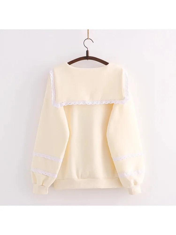 Sweet Style Kawaii Cute Women Sweatshirts Cartoon Rabbit Print Lace Patchwork Pullovers Winter Ladies Cotton Sudadera Tops