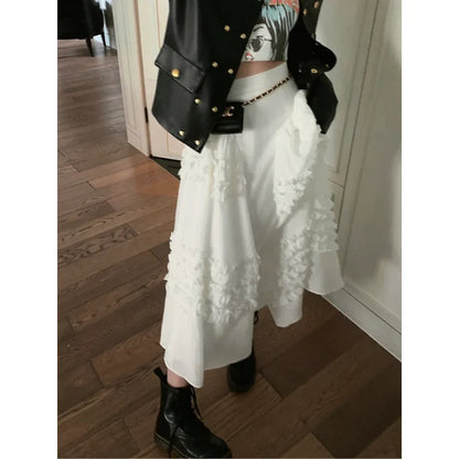 maoxiangshop Irregular Pleated Skirt Solid Color Elastic High Waist Stitching Ruffled Woman Skirt Simple Fashion  Autumn New