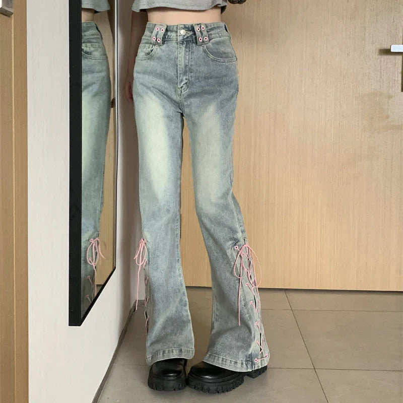 Y2K High Waist Jeans Women Vintage Bandage Slit Slim Flare Denim Pants Female Korean Streetwear Casual Wide Leg Trousers