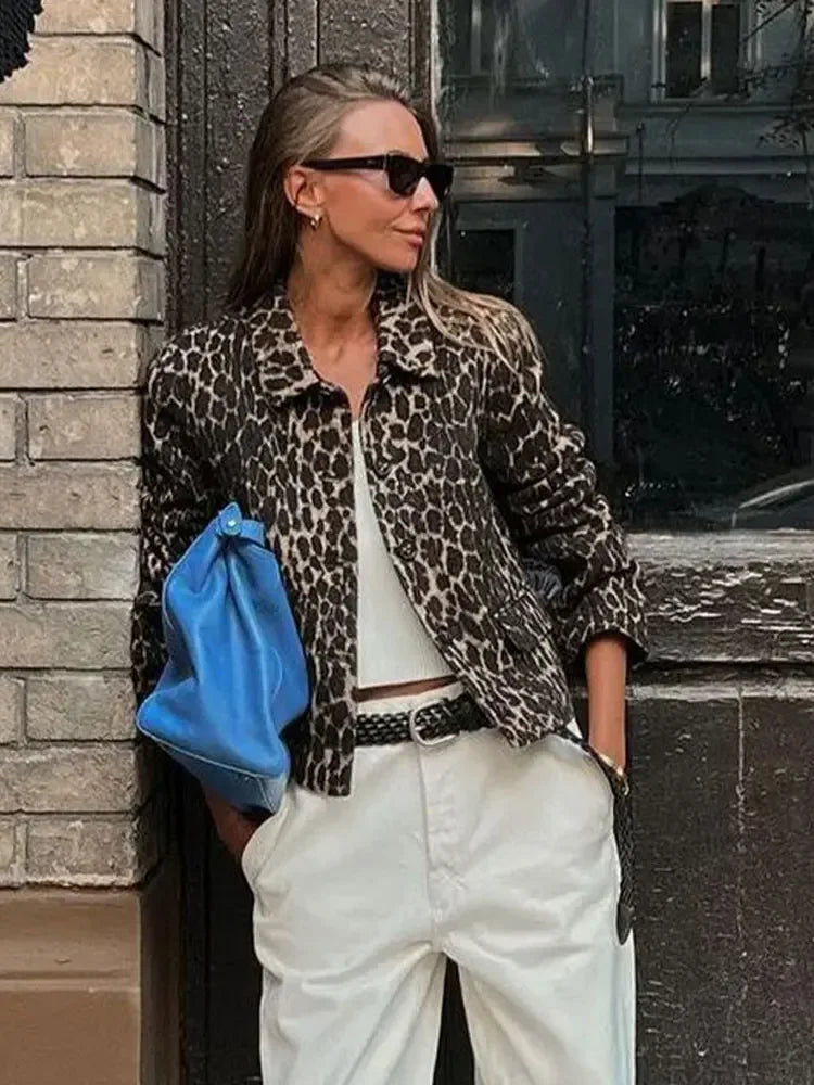 maoxiangshop -  Women's Leopard Long Sleeve Bomber Jacket Dor Women Casual Lapel Single Breasted Short Coat Elegant Winter Warm Outwear Jackets