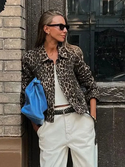maoxiangshop -  Women's Leopard Long Sleeve Bomber Jacket Dor Women Casual Lapel Single Breasted Short Coat Elegant Winter Warm Outwear Jackets