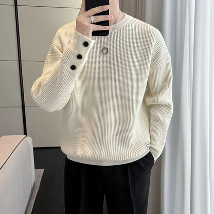 maoxiangshop Korean New Autumn And Winter Sweaters Men's O-Neck Solid Button Trend Fashion Casual Loose Long Sleeve Knitted Pullovers Tops