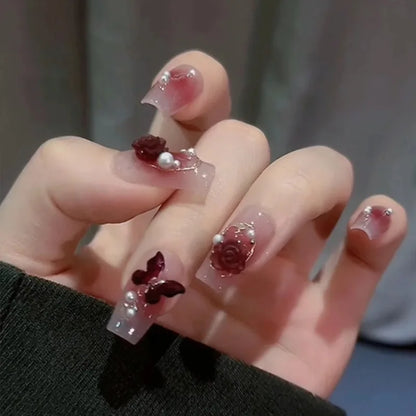maoxiangshop 24pcs Wearable Pink Press On Fake Nails Tips With Glue false nails design Butterfly Lovely Girl false nails With Wearing Tools