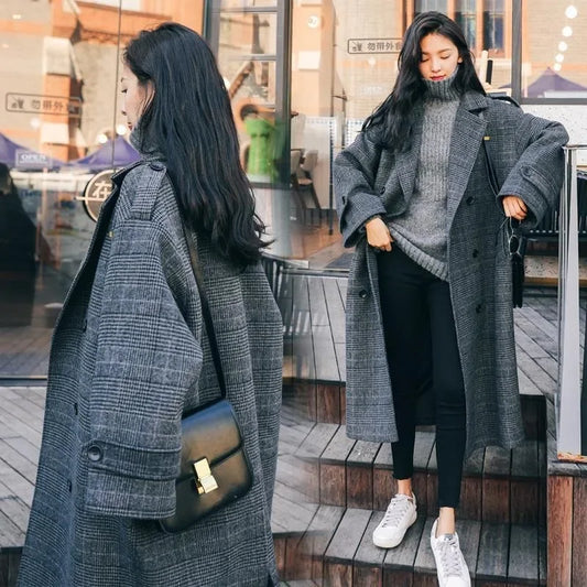 maoxiangshop Women Coat Plaid Tweed Wool Warm Long Jackets Female Overcoat Korean Fashion Outerwear Trench Coat Clothes Autumn Winter