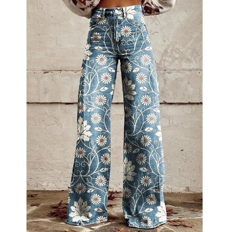 maoxiangshop  -  Trendy Retro Plus Size 3D Print Pants Women Autumn New Fashion Casual Comfortable Imitation Jeans Wide Leg Baggy Jeans Y2k Pants