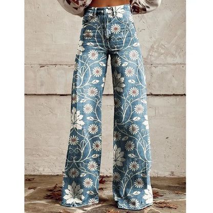 maoxiangshop  -  Trendy Retro Plus Size 3D Print Pants Women Autumn New Fashion Casual Comfortable Imitation Jeans Wide Leg Baggy Jeans Y2k Pants