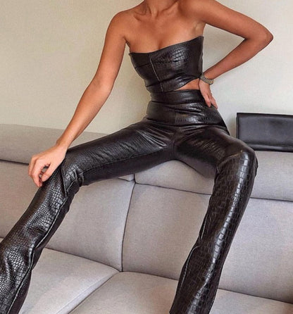 maoxiangshop Sleeveless Solid Pu Leather Backless Tube Top Leggings 2 Pieces Set Autumn Winter Women Sexy Streetwear Tracksuit